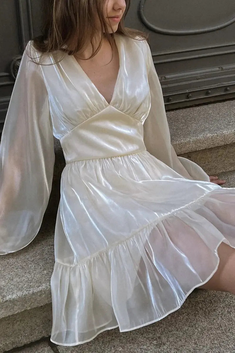 Glitter V Neck Long Sleeve Mini Dress - Fashionpara