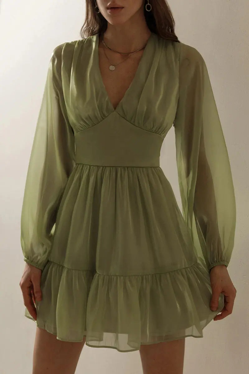 Glitter V Neck Long Sleeve Mini Dress - Fashionpara