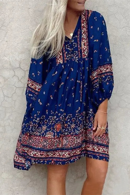 Boho Print Long Sleeve Mini Dress - Fashionpara