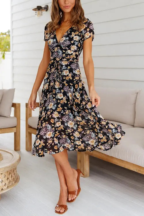 Floral Print V Neck Midi Dress - Fashionpara