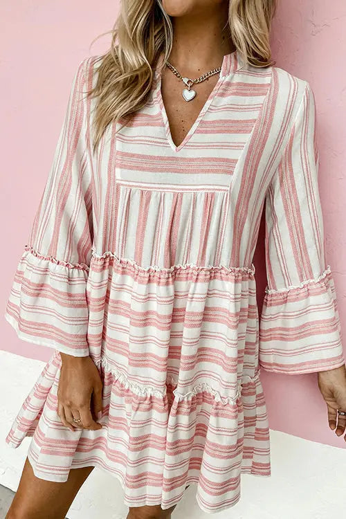 Striped Flares Sleeve Tiered Mini Dress - Fashionpara