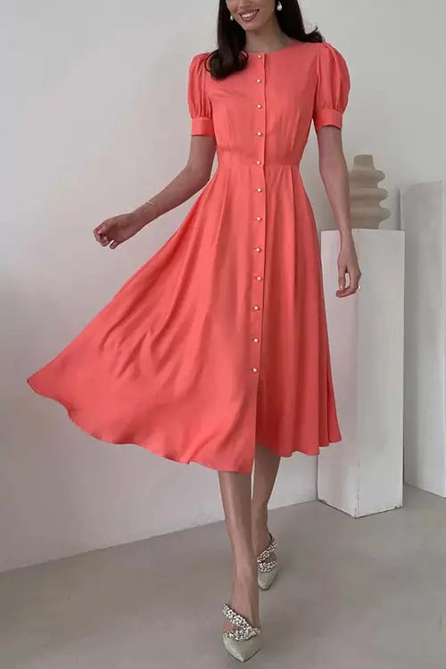 Pearl Button O Neck Shirt Maxi Dress - Fashionpara