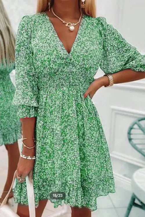 Floral V Neck Elastic Waist Mini Dress - Fashionpara