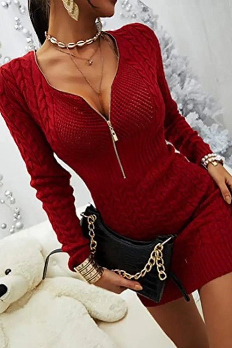 Zipper V Neck Bodycon Sweater Dress - Fashionpara
