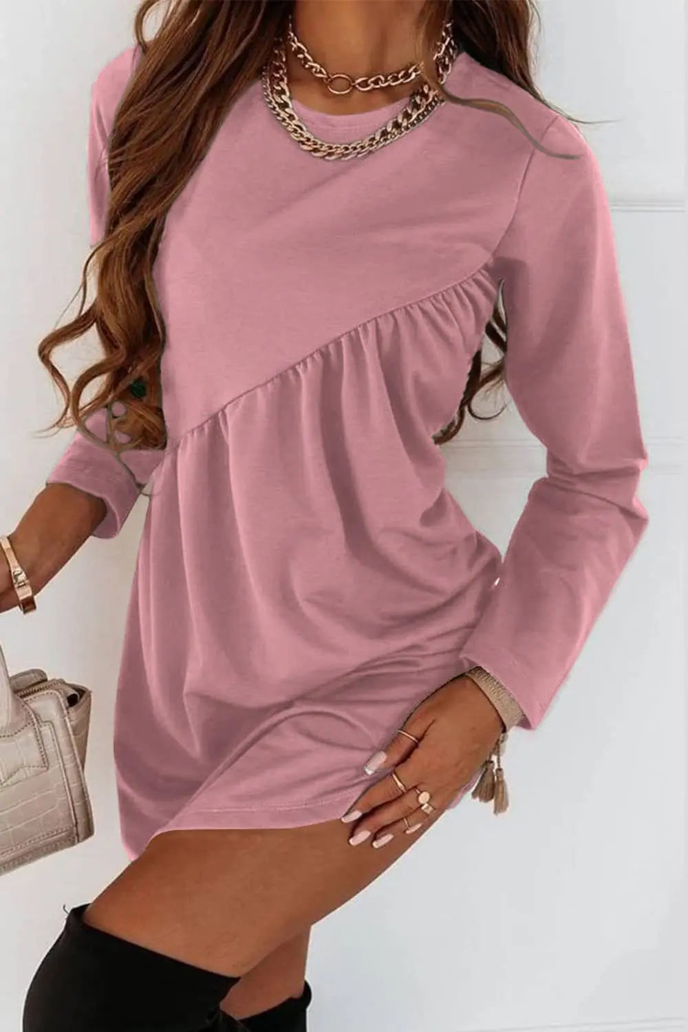 O Neck Long Sleeve Babydoll Tunic Dress - Fashionpara
