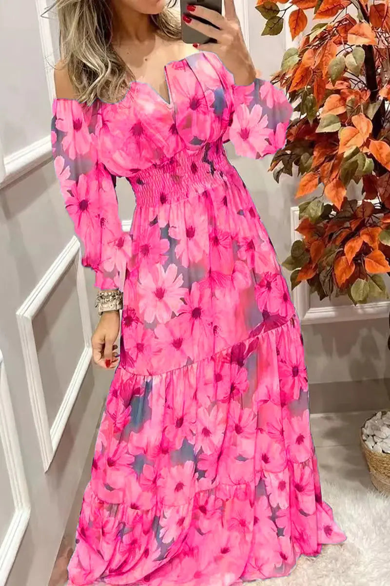 Floral Off Shoulder V Neck Maxi Dress - Fashionpara