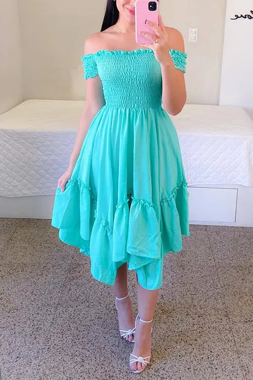 Shirred Bodice Off Shoulder Flap Asymmetric Dress - Fashionpara