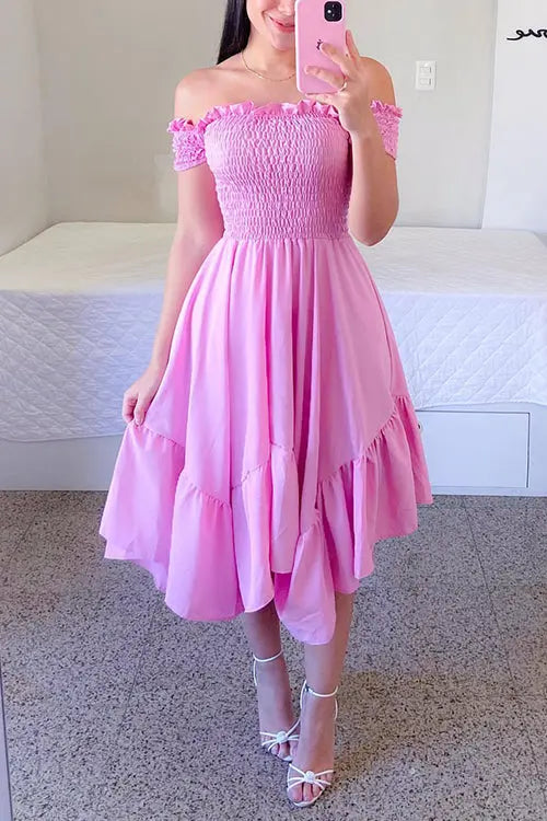 Shirred Bodice Off Shoulder Flap Asymmetric Dress - Fashionpara