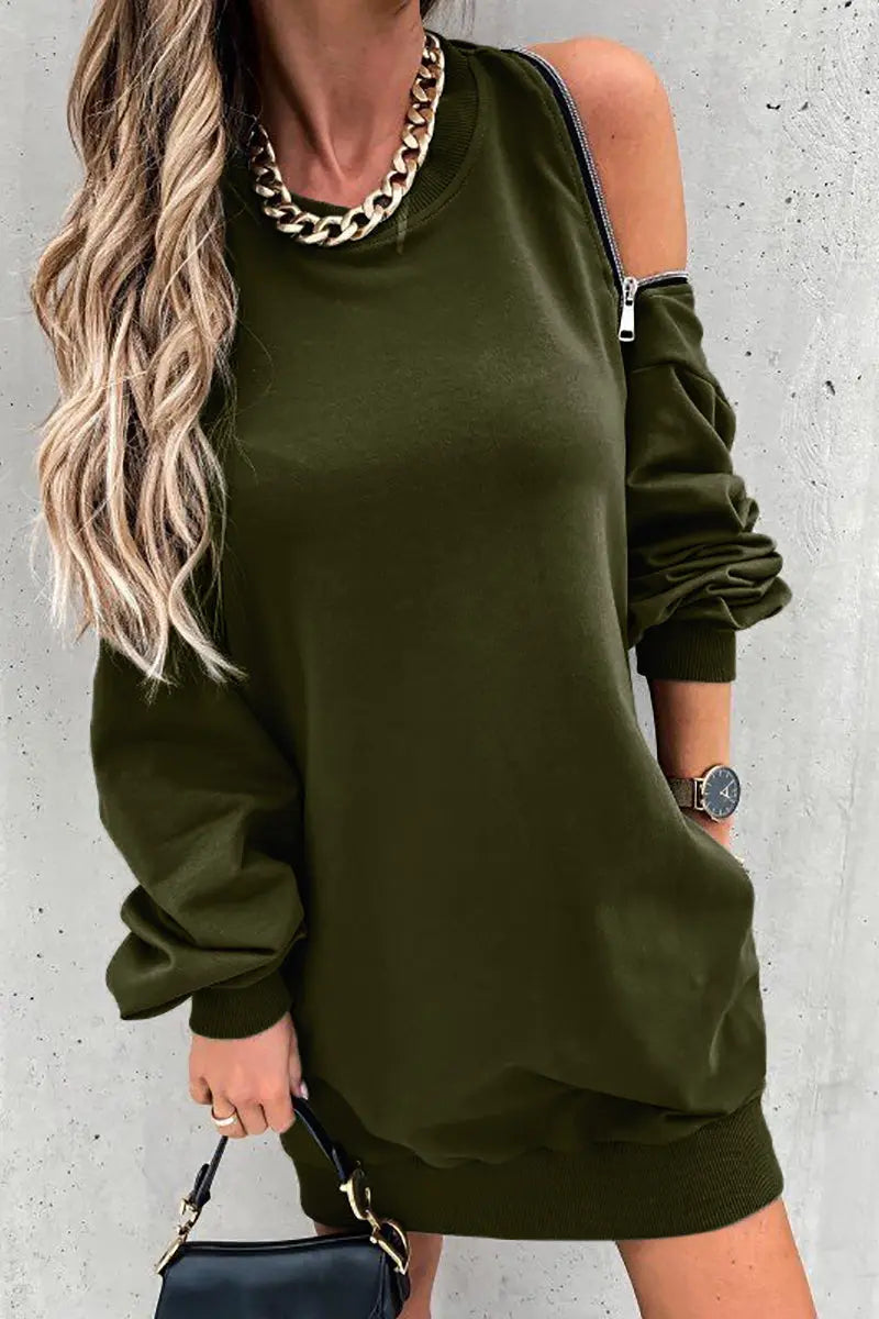Zipper Slit O Neck Hoodie Dress - Fashionpara