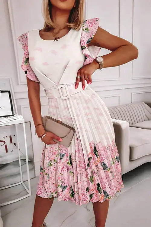 Ruffles O Neck Pleated Midi Dress - Fashionpara