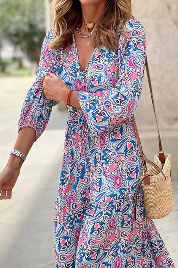 Boho Paisley V Neck Long Sleeve Maxi Dress - Fashionpara