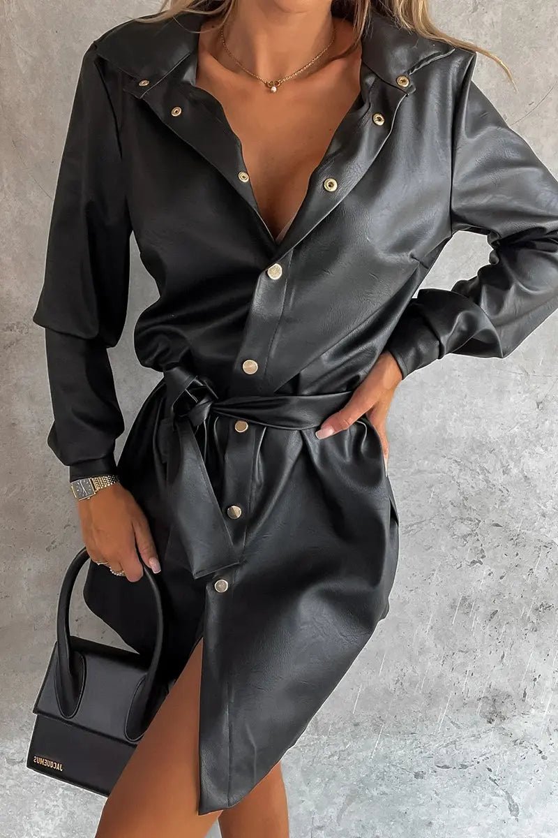 Timeless Button Down Faux Leather Shacket Dress - Fashionpara