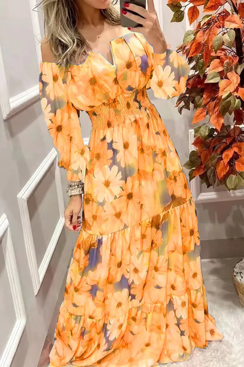 Floral Off Shoulder V Neck Maxi Dress - Fashionpara