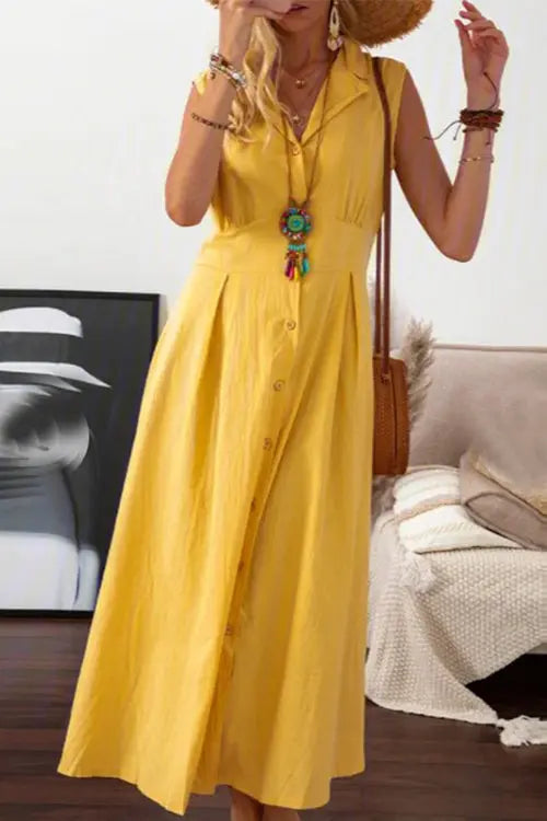 Lapel button Sleeveless Midi Dress - Fashionpara