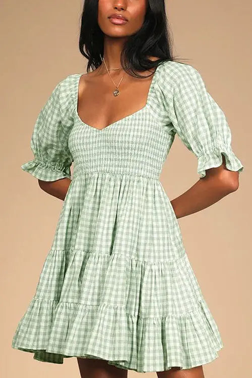 Smocked Gingham Babydoll Dress - Fashionpara