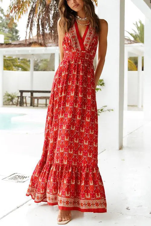 Floral V Neck Halter Neck Backless Maxi Dress - Fashionpara