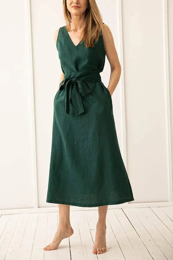 V Neck Sleeveless Belted Midi Dress - Fashionpara