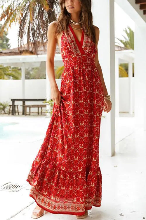 Floral V Neck Halter Neck Backless Maxi Dress - Fashionpara