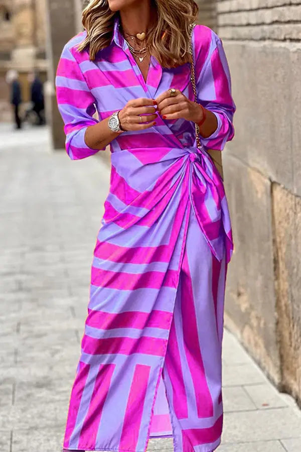 Stripe Knot Shirt Collat Midi Wrap Dress - Fashionpara