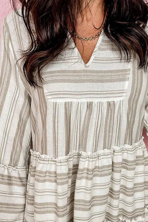 Striped Flares Sleeve Tiered Mini Dress - Fashionpara