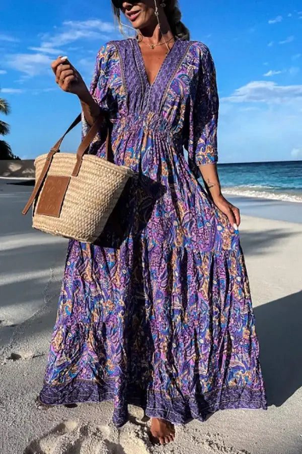Paisley Print V Neck Bat Sleeve Maxi Dress - Fashionpara