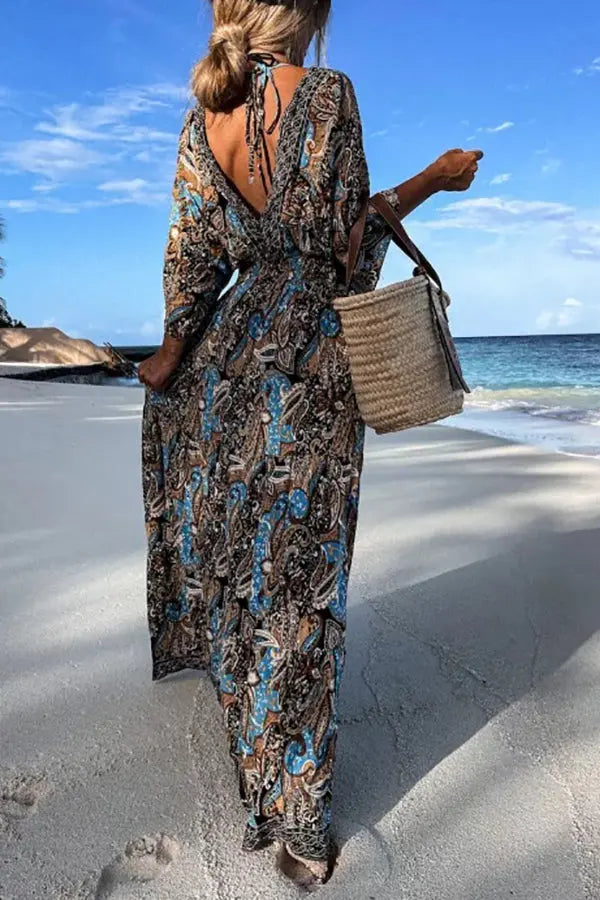 Paisley Print V Neck Bat Sleeve Maxi Dress - Fashionpara