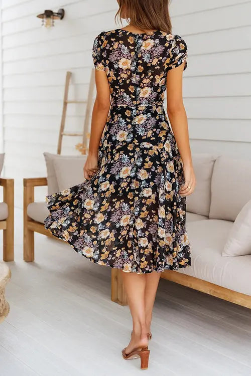 Floral Print V Neck Midi Dress - Fashionpara