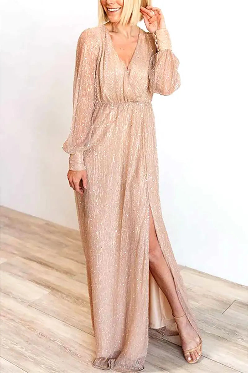 Sparkle Puff Long Sleeve Slit Maxi Dress - Fashionpara