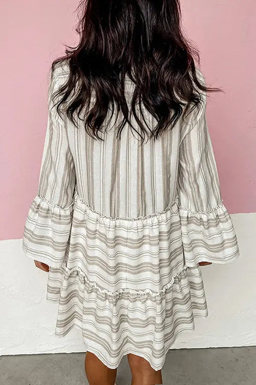 Striped Flares Sleeve Tiered Mini Dress - Fashionpara