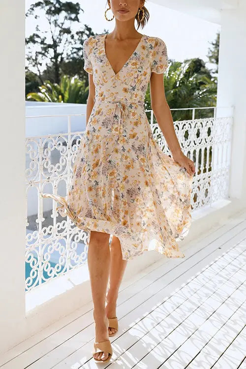 Floral Print V Neck Midi Dress - Fashionpara
