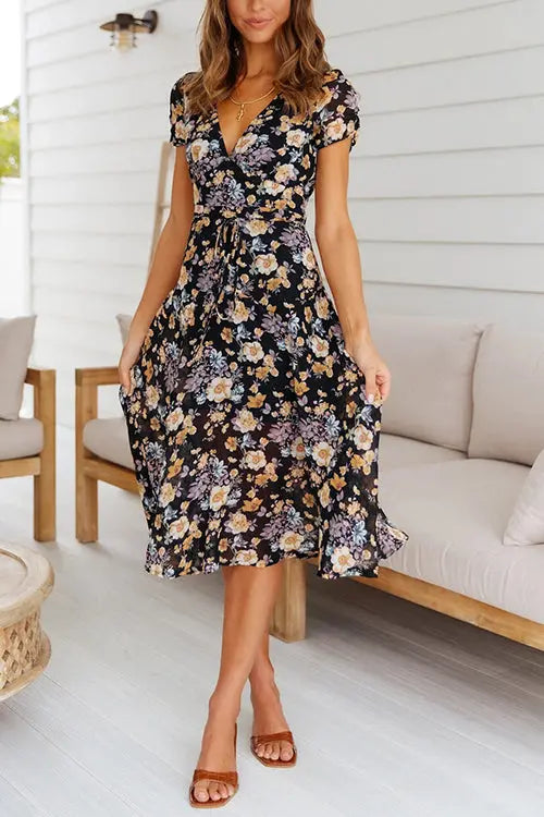 Floral Print V Neck Midi Dress - Fashionpara