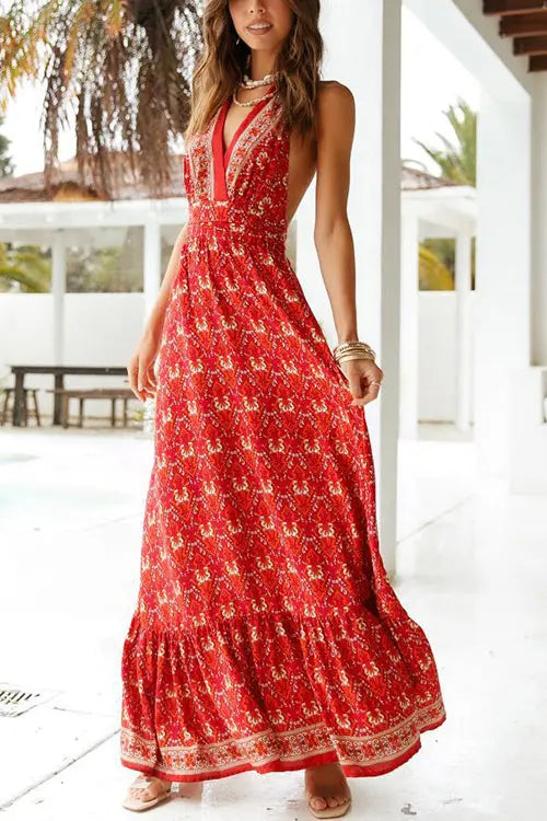 Floral V Neck Halter Neck Backless Maxi Dress - Fashionpara