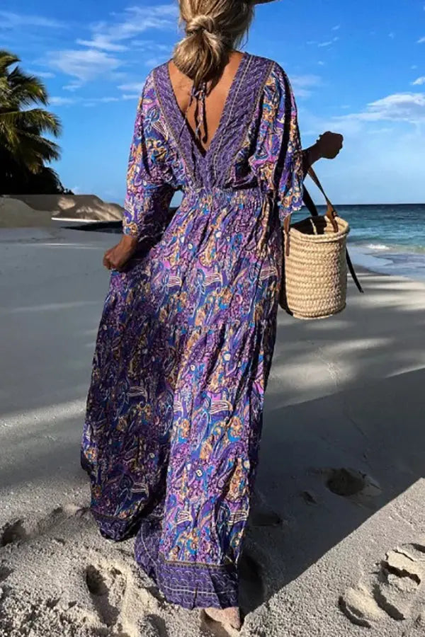 Paisley Print V Neck Bat Sleeve Maxi Dress - Fashionpara