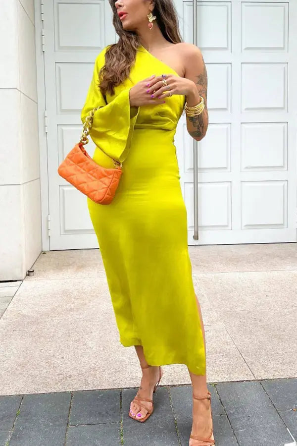 Satin One Shoulder Flares Sleeve Slit Midi Dress - Fashionpara