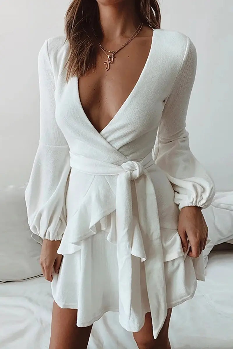 Long Sleeve Ruffle Wrap Knit Dress - Fashionpara
