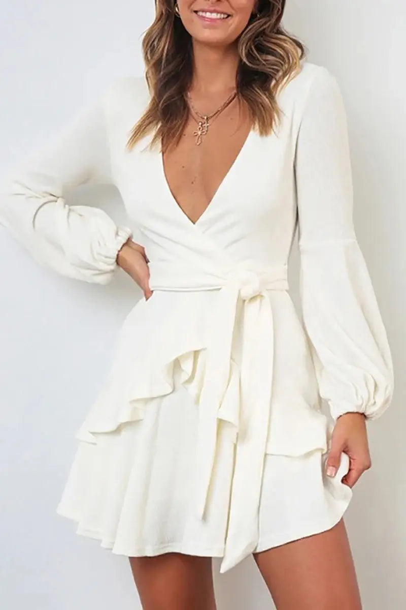 Long Sleeve Ruffle Wrap Knit Dress - Fashionpara
