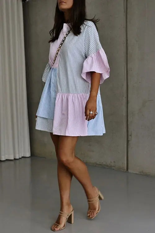 Stripe Color Block Half Button Mini Dress - Fashionpara