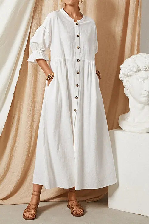 Button Pockets O Neck Midi Dress - Fashionpara