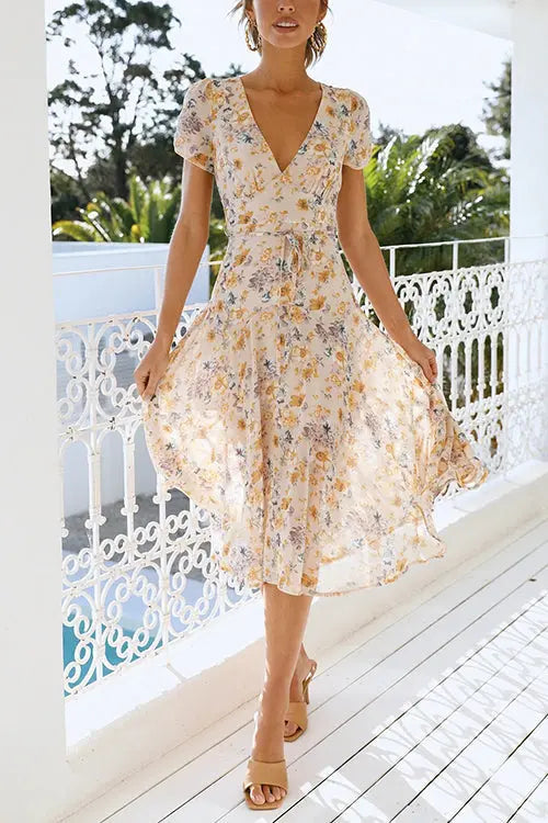 Floral Print V Neck Midi Dress - Fashionpara