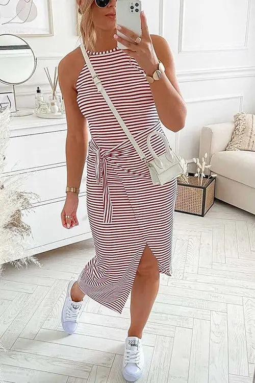 Striped Wrap Tie Asymmetric Halter Midi Dress - Fashionpara