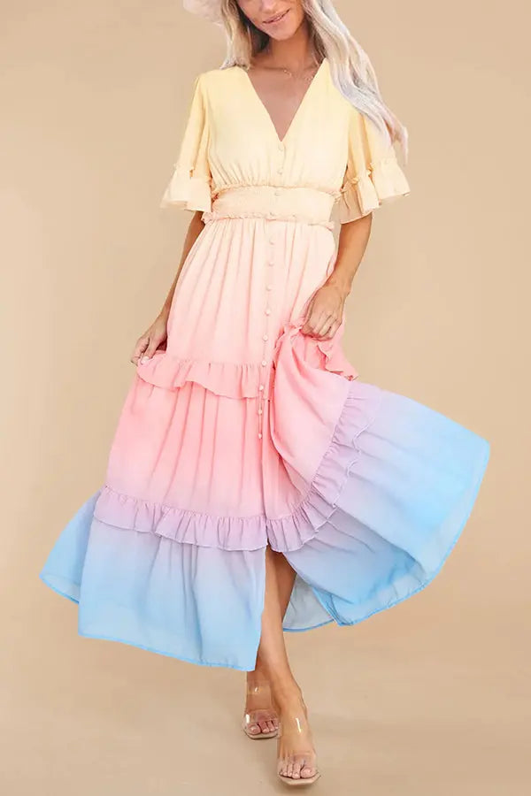 Ombre Sunset Ruffles Maxi Dress - Fashionpara