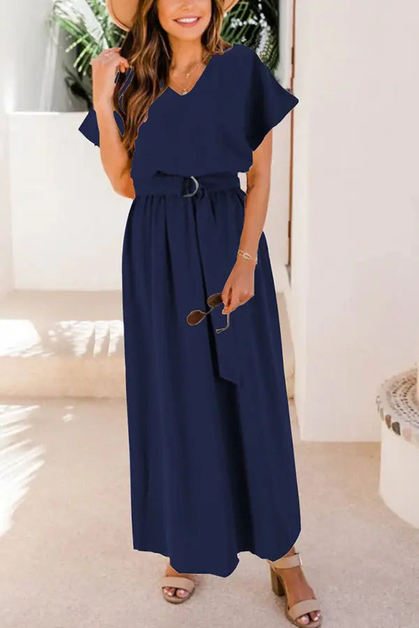V Neck Belted Maxi Dress - Fashionpara