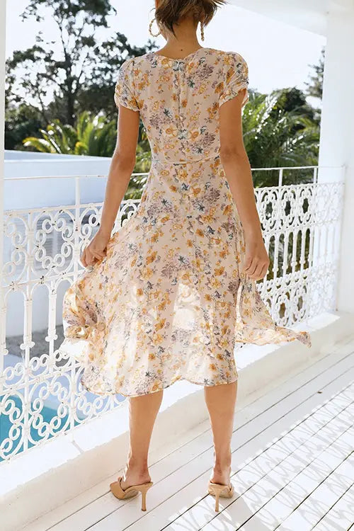 Floral Print V Neck Midi Dress - Fashionpara