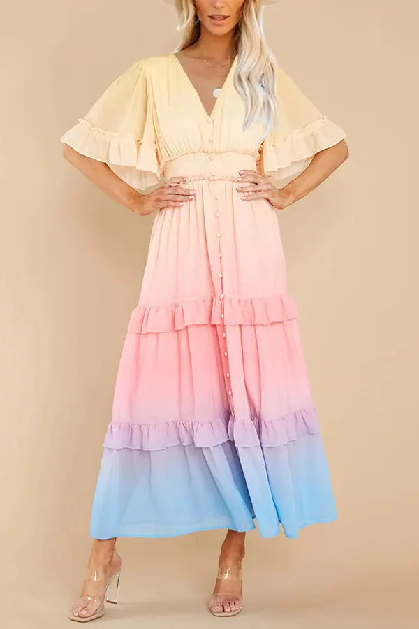 Ombre Sunset Ruffles Maxi Dress - Fashionpara