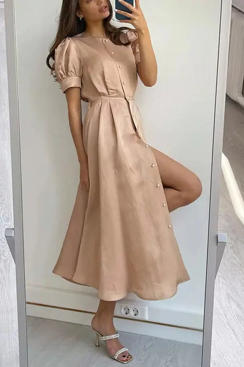 Pearl Button O Neck Shirt Maxi Dress - Fashionpara