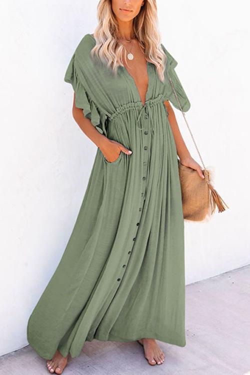 Button Drawstring Waist Bat Maxi Cover Dress - Fashionpara