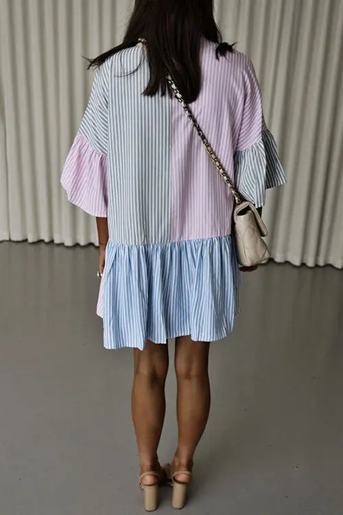 Stripe Color Block Half Button Mini Dress - Fashionpara