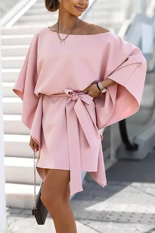 Loose Bat Belted Mini Dress - Fashionpara