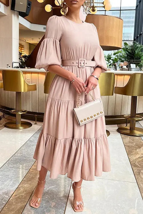 O Neck Puff Sleeve Ruffles Midi Dress - Fashionpara