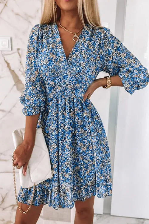 Floral V Neck Elastic Waist Mini Dress - Fashionpara